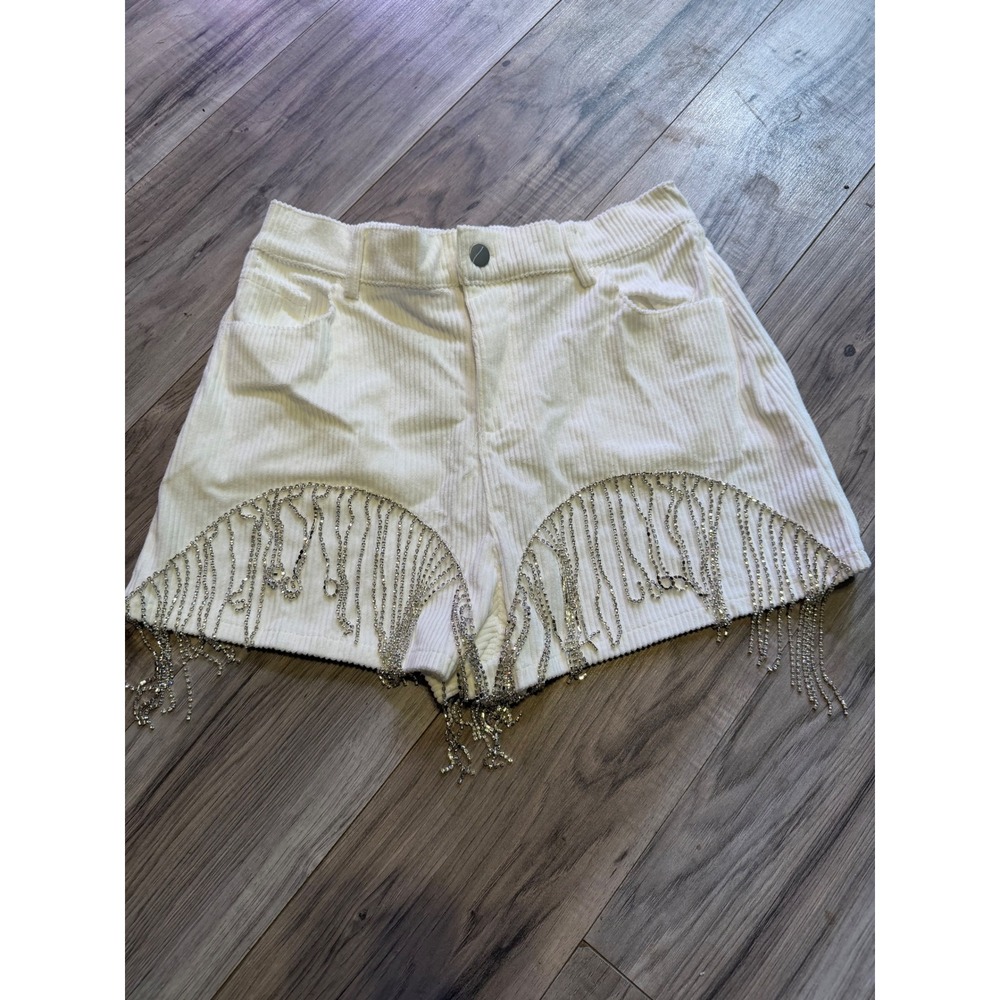 Savanna Jane White Corduroy Rhinestone Fringe Shorts Western Glam Festival Small